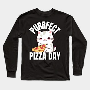 A Cat Enjoying a Purrfect Pizza Day Long Sleeve T-Shirt